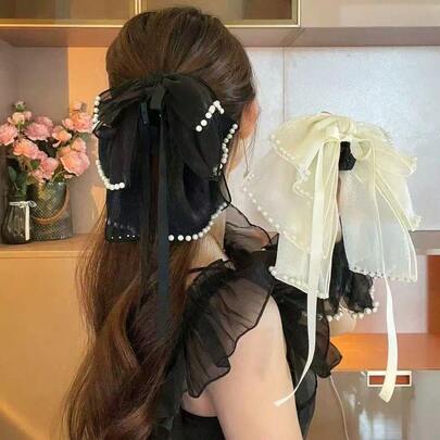 1个女士超仙女丝带蝴蝶结爪夹（珍珠数量随机）女士后脑勺森林风半扎发夹头饰发卡夏季发饰沙滩发爪度假发夹