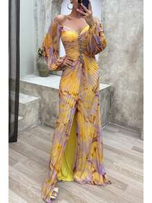 Long Pleated Dress With Long Sleeves, Casual Style For Autumn And Winter - Yellow - View 7