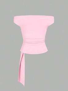 Blusa asimétrica sin tirantes de ajuste ceñido, de diseño elegante y con textura retro, de alta gama y minimalista, para mujer.Color marrón.Primavera/Verano - Rosa - Ver 3