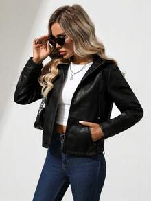 Women's Faux Leather Motorcycle Jacket With Hood - Black New - View 6