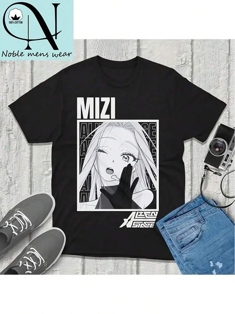 Unisex T-Shirt Made Of Pure Cotton, Men's & Women's Mizi Alien Being Stage Retro ALNST Logo Character Print Unisex 100% Cotton T-Shirt Soft, All Season Casual Streetwear Essential, All-Match All Season Style, Affordable Daily Wear & Perfect Christmas Gift For Fans And Friends, Summer T-Shirt, Summer Clothes Women's, Men's Summer Outfit, Women's Shirt, Creative Design, Outdoor Play, Cool Style, Fun Design, Great For Outdoor Play, Creative Design, Outdoor Play, Cool Style, Fun Design, Great For Outdoor Play - Black - View 1