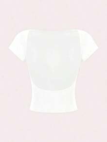 2 piezas Camiseta ajustada de mujer con cuello redondo, mangas cortas y espalda descubierta, estilo sexy y casual, adecuada para el verano - Multicolor 11 - Ver 4