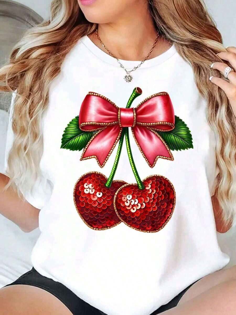 Camiseta de Mujer con Cuello Redondo, Estampado de Lazo con Lentejuelas de Cereza, Top Casual de Verano g - Blanco - Ver 1
