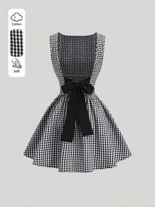 Vestido casual de mujer con cuello de barco, sin mangas, con estampado de cuadros, espalda descubierta, contraste de color, lazo en la cintura y silueta evasé, para primavera/verano - Blanco y Negro - Ver 7