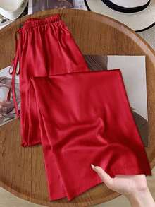 Pantalones anchos de pierna larga de satén verde con estilo casual, pantalones de seda, pantalones de satén, pantalones de seda verde, pantalones de satén verde, pantalones verde oliva, casuales - Rojo - Ver 12
