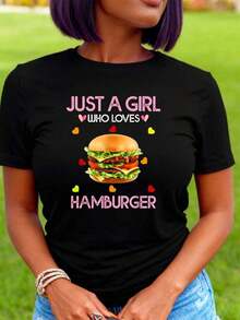 Women's Hamburger T-Shirt, Just For A Girl Who Loves Hamburger T-Shirts, Women's Outdoor Workout T-Shirt, Graphic Tees, Crop Tops, Sets, Tops, QZAF T-Shirt - 黑色 - 查看 1