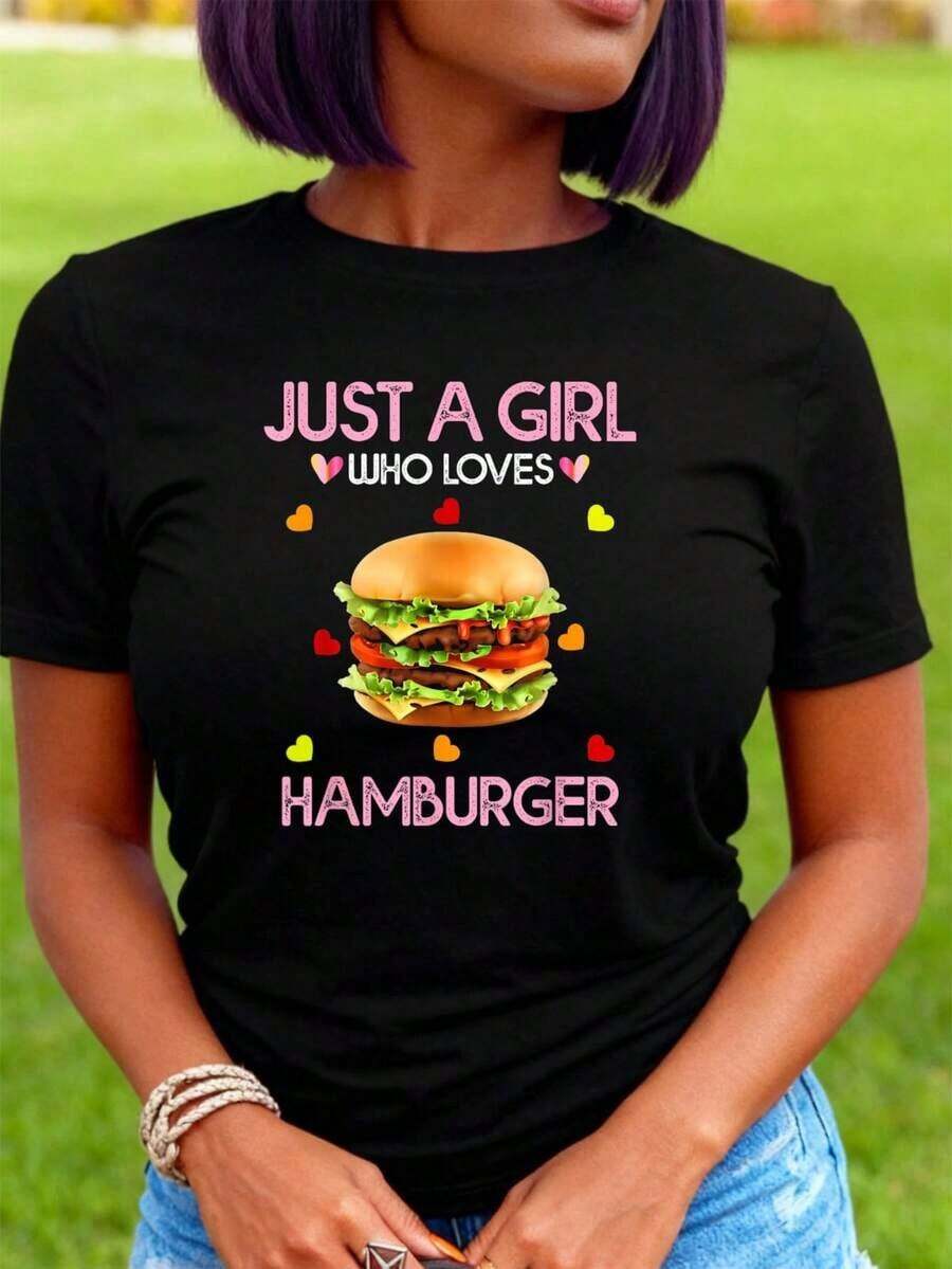 Women's Hamburger T-Shirt, Just For A Girl Who Loves Hamburger T-Shirts, Women's Outdoor Workout T-Shirt, Graphic Tees, Crop Tops, Sets, Tops, QZAF T-Shirt - 黑色 - 查看 1