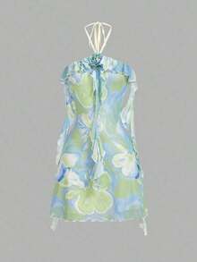 Vestido de malla elástica de punto para mujeres con decoración floral, volantes sin mangas en color lila - Verde - Ver 2