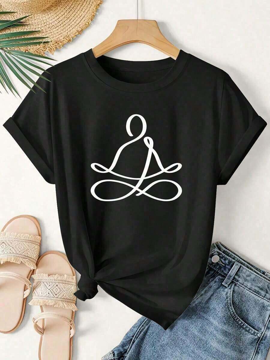 Fashion Printed T‑Shirts for Women, Oversized Streetwear Tops, Comfortable and Stylish All‑Match Summer Tees1 pieza de camiseta gráfica para mujer, regalo de San Valentín, camiseta de verano con estampado gráfico, diseño de postura de yoga y meditación, camiseta de mujer, estampado de personaje en línea simple, camiseta deportiva de manga corta para verano y otoño, moderna, elegante, vintage, holgada, adelgazante, versátil, ropa de mujer para vacaciones, nueva camiseta elegante - algodón, ligera, transpirable, estilo casual, cuello redondo, manga corta, para uso diario. - Negro - Ver 1