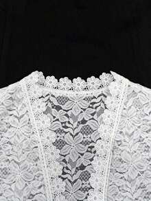Chaqueta casual de verano para mujer, de unicolor, con parches de encaje en la parte delantera abierta, para ropa de fiesta de vacaciones - Blanco - Ver 3