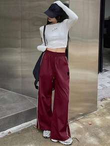 Pantalones casuales de pierna ancha con cordón en contraste y ribeteamionto - Rojo - Ver 4