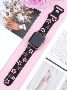 Dây đeo đồng hồ chạm khắc hoa, tương thích với Apple Watch 41mm 40mm 44mm 45mm 42mm 38mm 49mm 46mm, hoa dễ thương, dây đeo thể thao bằng silicon mềm mại tương thích với Apple Watch Series 11 10 SE 9 8 7 6 5 4 3 Ultra, dây đeo đồng hồ thời trang nữ họa tiết hoa, tương thích với dây đeo . - LD004 Họa tiết hoa - Đen và Hồng - Xem 3