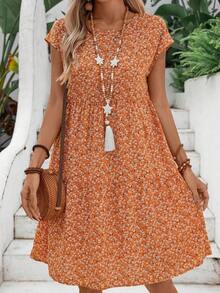 Vestido midi azul de manga corta y manga murciélago con estampado floral para mujer, vestidos de verano para mujeres - Naranja - Ver 7