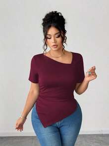 Camiseta de manga corta de cuello asimétrico para mujer talla grande, top ajustado versátil y elegante de alta gama, adecuado para primavera/verano - Burdeos - Ver 4