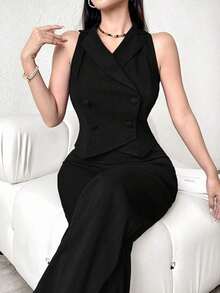 Conjunto de traje azul de doble botonadura para mujer - Negro - Ver 3