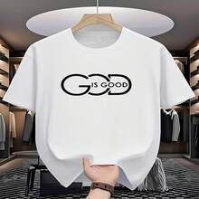 Camiseta de manga corta para hombre con el lema "Dios es bueno" estampado, ideal para actividades al aire libre en primavera y verano. Esta elegante camiseta de cuello redondo es transpirable, tiene un corte adecuado y se puede lavar a máquina. - Blanco - Ver 1