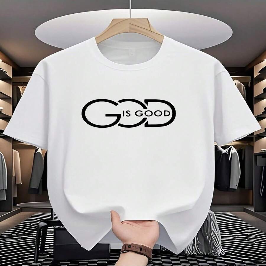 Camiseta de manga corta para hombre con el lema "Dios es bueno" estampado, ideal para actividades al aire libre en primavera y verano. Esta elegante camiseta de cuello redondo es transpirable, tiene un corte adecuado y se puede lavar a máquina. - Blanco - Ver 1