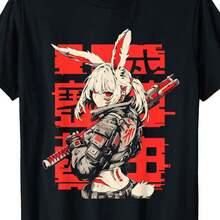 Camiseta EWH para Hombre Estilo Anime Conejo - Texto y Detalles Rojos Harajuku Techwear, Camiseta Holgada de Estilo Urbano con Estampado de Personajes, Camisa Casual Duradera y Cómoda, Adecuada para Uso Diario (Negro) - Negro - Ver 7