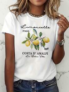 Vintage T-Shirt With A Graphic Of A Lemon Branch And Italian Limoncello, Casual Women's T-Shirt For Trips To The Amalfi Coast - [白色的] - 查看 6