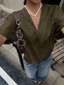 Camisa de mezcla de lino con encaje a rayas para mujer - Verde militar - Ver 4