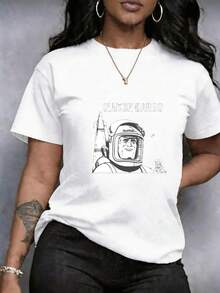 Women's T-Shirt With Leopard Print, Text, Astronaut And Rocket Design, Round Neck, Short Sleeves, Breathable Clothing, Casual Style, Short Sleeves And Round Neck Print, Casual Round Neck, Ideal For Training And Casual Wear, High-Quality Casual Top, Comfortable And Perfect For Casual Wear In Spring And Summer - 白色 - 查看 12