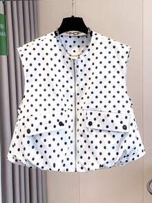 Chaleco corto sin mangas para mujer, blusa sin mangas con lunares y cuello redondo minimalista, diseño de dobladillo con volantes romántico, forrada, blusa versátil para primavera y verano - Blanco y Negro - Ver 12