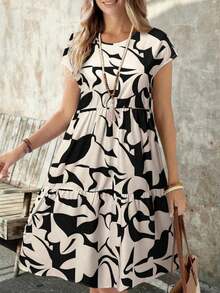 Vestido de mujer de manga corta con cuello redondo y estampado geométrico de verano - Negro - Ver 7