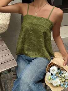 Top de tirantes de encaje de unicolor versátil y casual para mujer - Verde - Ver 4