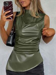 Camiseta ajustada con pliegues y estampado a cuadros para mujer, adecuada para uso diario, trabajo y viajes en verano - Verde militar - Ver 6