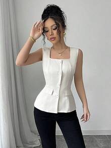Blusa elegante de mujer con cuello cuadrado sin mangas, decoración con bolsillo falso, camisa ajustada de oficina, primavera/verano - Albaricoque - Ver 6