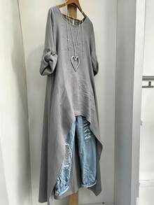 Plus Size Women Solid Color Roll-Up Sleeve Round Neck Asymmetric Hem Long Top - Grey - View 3