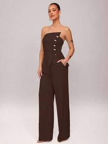 Set de 2 piezas: Top con diseño de aro asimétrico con decoración metálica + Pantalones de pierna recta, Uso elegante diario, Atuendo de oficina, Boda, Vacaciones, Cita, Fiesta, Ceremonia de graduación - Marrón - Ver 5