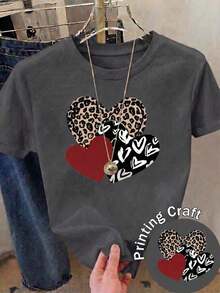 New Short-Sleeved, Round-Neck T-Shirt For Women, Spring-Summer Design, Perfectly Combining A Modern And Minimalist Heart Print On A Black Background, Breathable And Sweat-Wicking. Direct Shipping From Our Local Warehouse, Couples' Model, Ideal For Wearing Together. - Gray - View 12