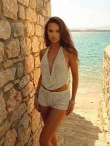 Conjunto de 2 piezas de punto de verano para mujer, top de punto sin mangas con lazo delantero a juego con shorts con cordón, estilo casual de vacaciones en la playa, conjunto ajustado y sexy en color camello, ropa de verano para mujer - Camel - Ver 4