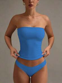 Camiseta sin tirantes sexy básica, top tubo ajustado de unicolor y elástico a la moda, adecuado para mujeres en todas las estaciones, casual negro de verano - Azul brillante - Ver 1
