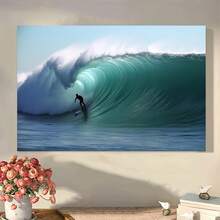 1Pc 2D Flat Canvas Wall Art Prints Posters Painting, Wall Decor Art Poster, Apartment Room Decor Aesthetic, Wrapped Framed Canvas Print, Home Decor, Living Room Office Dorm Wall Decor, Modern Home Decoration, Framed Artwork With Inner Frame, 2D Flat Printed, No 3D Effect, Not Oil Painting, Surfing In Big Wave Ocean Landscape Artwork, Framed Ready To Hang, Blue,Teal,Black - 薄荷藍 - 查看 1