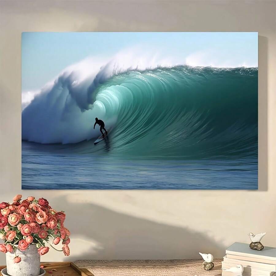 1Pc 2D Flat Canvas Wall Art Prints Posters Painting, Wall Decor Art Poster, Apartment Room Decor Aesthetic, Wrapped Framed Canvas Print, Home Decor, Living Room Office Dorm Wall Decor, Modern Home Decoration, Framed Artwork With Inner Frame, 2D Flat Printed, No 3D Effect, Not Oil Painting, Surfing In Big Wave Ocean Landscape Artwork, Framed Ready To Hang, Blue,Teal,Black - 薄荷藍 - 查看 1