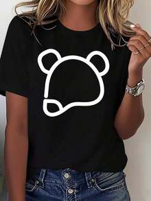 Solt 1 pieza Camiseta estampada de verano para mujer con silueta de cabeza de ratón minimalista, cómoda y versátil, casual, de manga corta, 100% algodón con estampado gráfico. - Negro - Ver 7