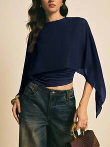 Blusa casual con cuello chal marrón para mujer, blusas elegantes para mujer, blusas casuales para mujer, apropiada para uso diario, salir, ir y venir en otoño/invierno, blusa de manga de murciélago, blusa marrón café, blusa marrón oscuro - Azul marino - Ver 6