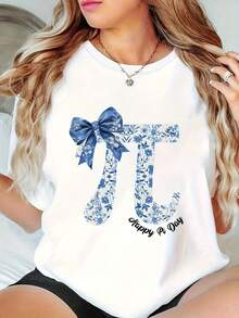 Women's Round Neck T-Shirt, Modern And Casual Print Design, For Pi Day (Happy Pi Day). Everyday Wear For Sweet Girls Or Students. Cool And Sweat-Free Summer Clothing. Elegant Party Outfit. T-Shirt For Elegant Ladies. Blouses Suitable For Curvy Women. - 白色 - 查看 7