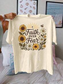 1pscCamiseta casual de manga corta con cuello redondo y estampado de girasol, margarita y cruz, top de verano para mujer.Camiseta de manga corta de algodón casual para vacaciones de verano 100% algodón - Albaricoque - Ver 1