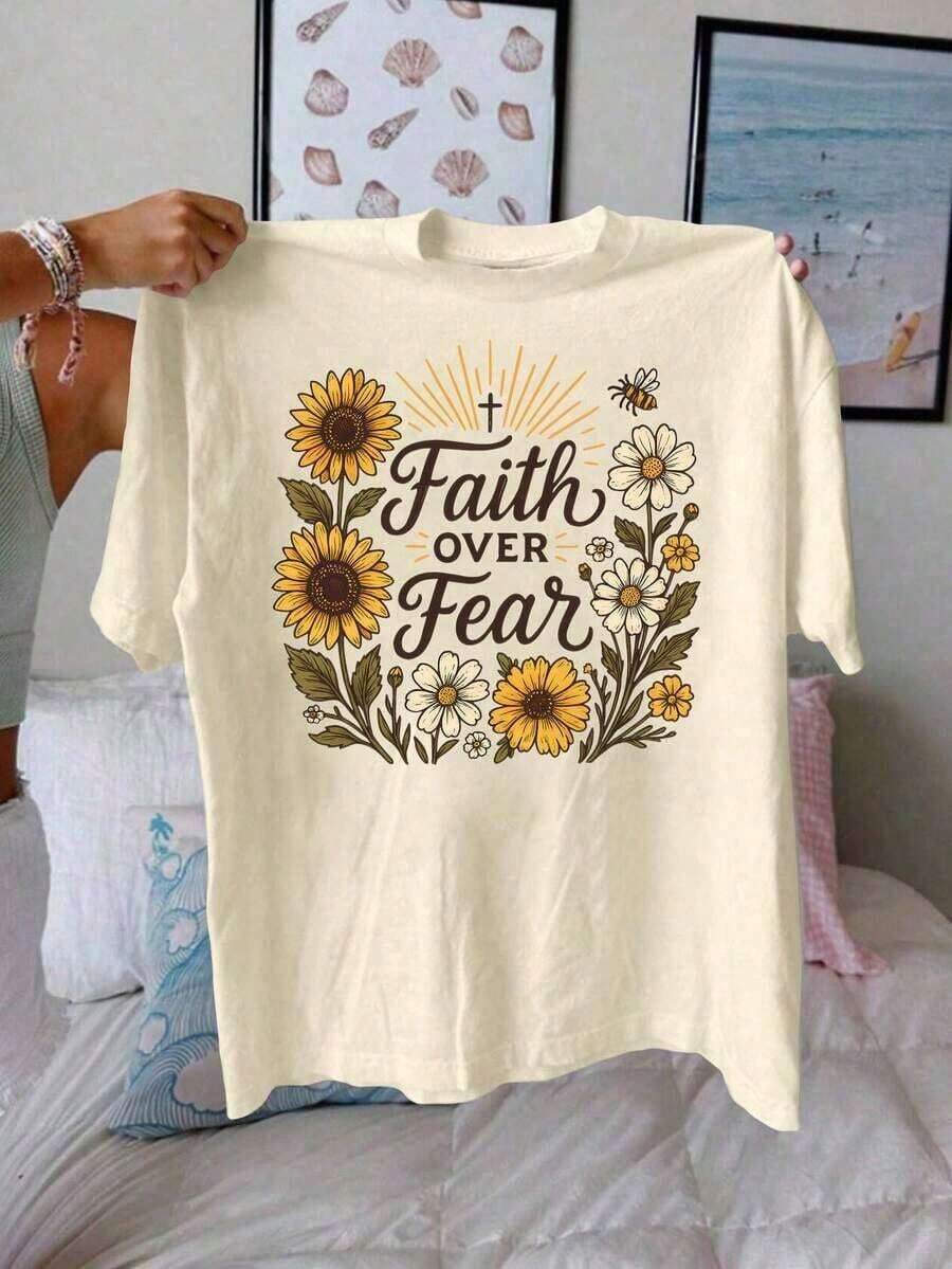 1pscCamiseta casual de manga corta con cuello redondo y estampado de girasol, margarita y cruz, top de verano para mujer.Camiseta de manga corta de algodón casual para vacaciones de verano 100% algodón - Albaricoque - Ver 1