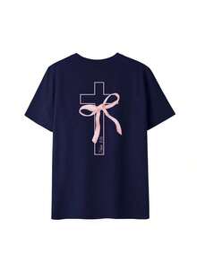 Women's Short-Sleeved T-Shirt, New Summer Style, Simple, Crossover Tie Print, Casual, Loose, Versatile, Round Neck, Dark Gray, Modern Top For Everyday Wear And Holidays. - 海軍 - 查看 2