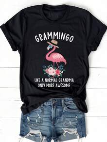 Camiseta clásica de talla grande con estampado de flamencos, top casual de manga corta y cuello redondo, adecuada para primavera y verano, ropa de talla grande para mujer 0XL-4XL. Bestseller. - Negro - Ver 7
