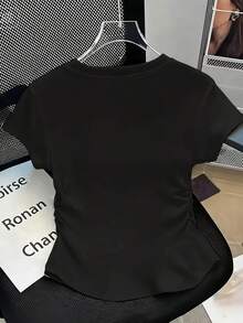 Playera elástica para mujer que define la cintura, con estampado de oso lindo, corazón, gafas de moda y lazo, de manga corta y cuello redondo, estilo Harajuku, suave y transpirable - Negro - Ver 3