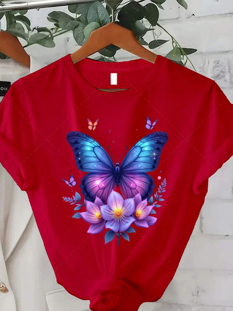 Classic Plus Size - Talla Grande - Camiseta de mujer con estampados modernos, con diseños coloridos de mariposas y flores, perfecta para un estilo casual de verano. Esta camiseta de manga corta y cuello redondo es perfecta para el verano y el otoño, lo que la convierte en un excelente regalo para el Día de Acción de Gracias y Navidad. Más vendido - Rojo - Ver 1