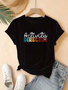 1 pieza (camiseta), Camiseta de manga corta para mujer con estampado de letras de colores y diseño creativo, a la moda, informal de verano, con cuello redondo, ropa versátil para mujer, esencial para el verano, para viajes y citas. 180g 100% algodón, los diseños están impresos. Unisexo. - Negro - Ver 1