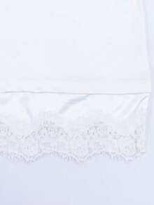 Long Sleeve T-Shirt With Contrast Lace, Solid Color, Spring/Autumn Casual White - White - View 8