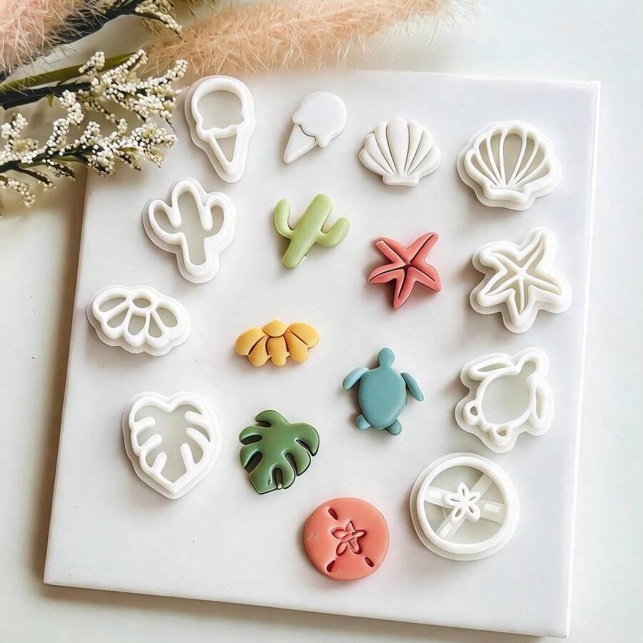 Bộ 8 khuôn cắt đất sét polymer hình bãi biển, hình sao biển, rùa màu hồng pastel, dụng cụ thủ công để làm khuyên tai, trang sức phong cách Boho, quà tặng thủ công mùa hè. - trắng - Xem 1