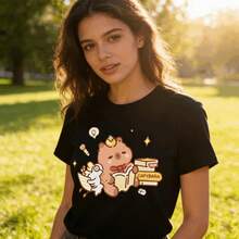Tops para mujer Casual de Algodón para Mujer, Manga Corta, Cuello Redondo, con Estampado de Dibujos Animados - Negro - Ver 7